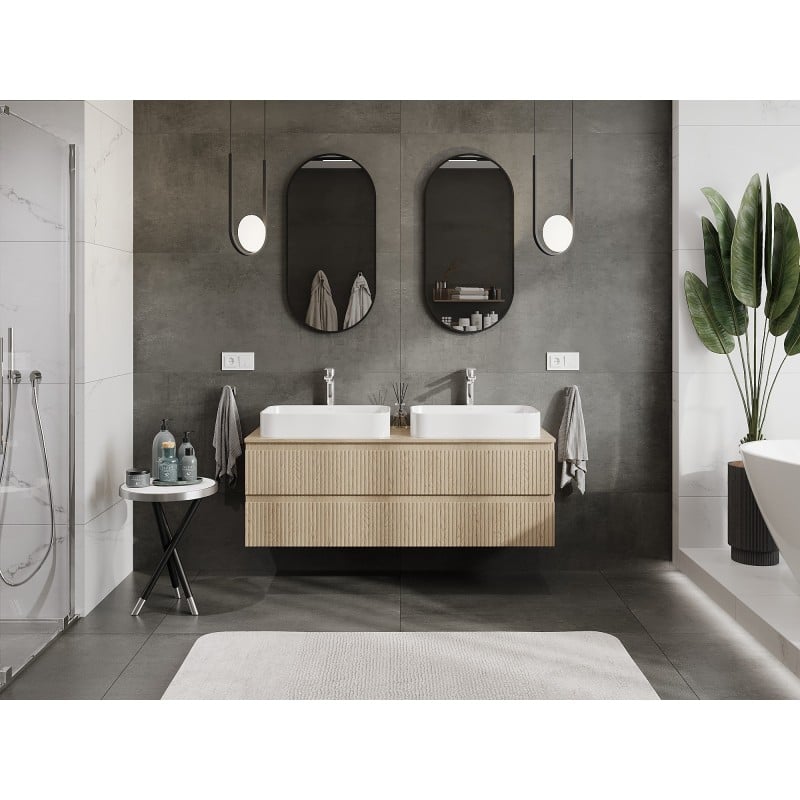 Mexen Rivel meuble de salle de bains sous-lavabo 140 cm avec plateau, 2 tiroirs, rainuré, chêne - 91A20-14047-2-BFFC81
