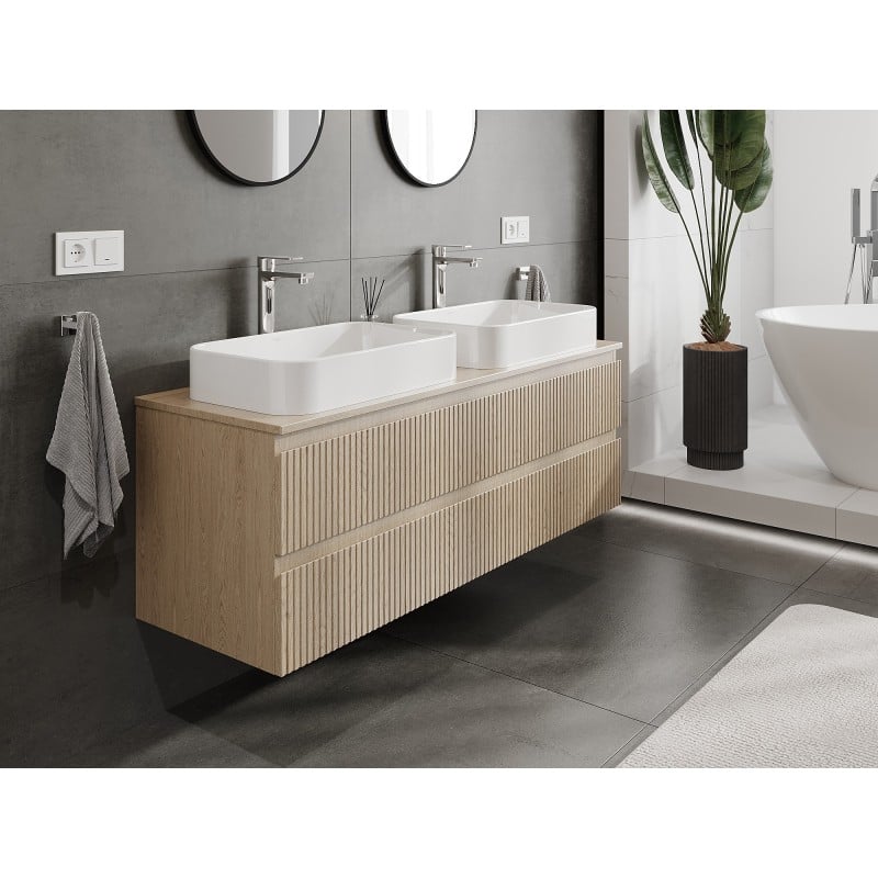 Mexen Rivel meuble de salle de bains sous-lavabo 140 cm avec plateau, 2 tiroirs, rainuré, chêne - 91A20-14047-2-BFFC81