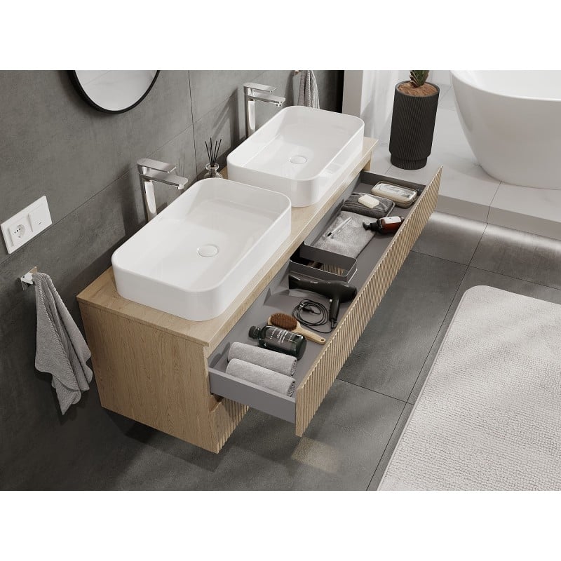 Mexen Rivel meuble de salle de bains sous-lavabo 140 cm avec plateau, 2 tiroirs, rainuré, chêne - 91A20-14047-2-BFFC81