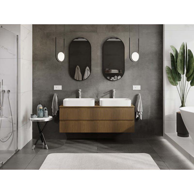 Mexen Rivel meuble de salle de bains sous-lavabo 140 cm avec plateau, 2 tiroirs, rainuré, noyer - 91A20-14047-2-BFFC86