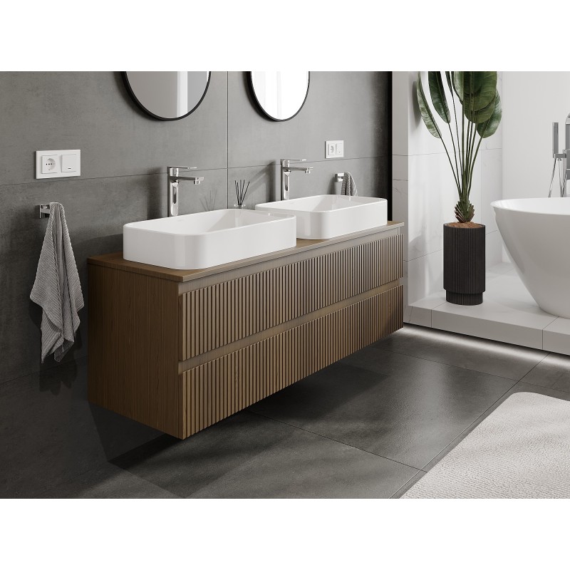 Mexen Rivel meuble de salle de bains sous-lavabo 140 cm avec plateau, 2 tiroirs, rainuré, noyer - 91A20-14047-2-BFFC86