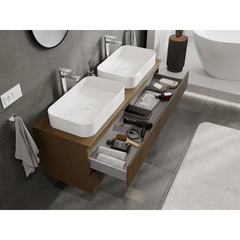 Mexen Rivel meuble de salle de bains sous-lavabo 140 cm avec plateau, 2 tiroirs, rainuré, noyer - 91A20-14047-2-BFFC86
