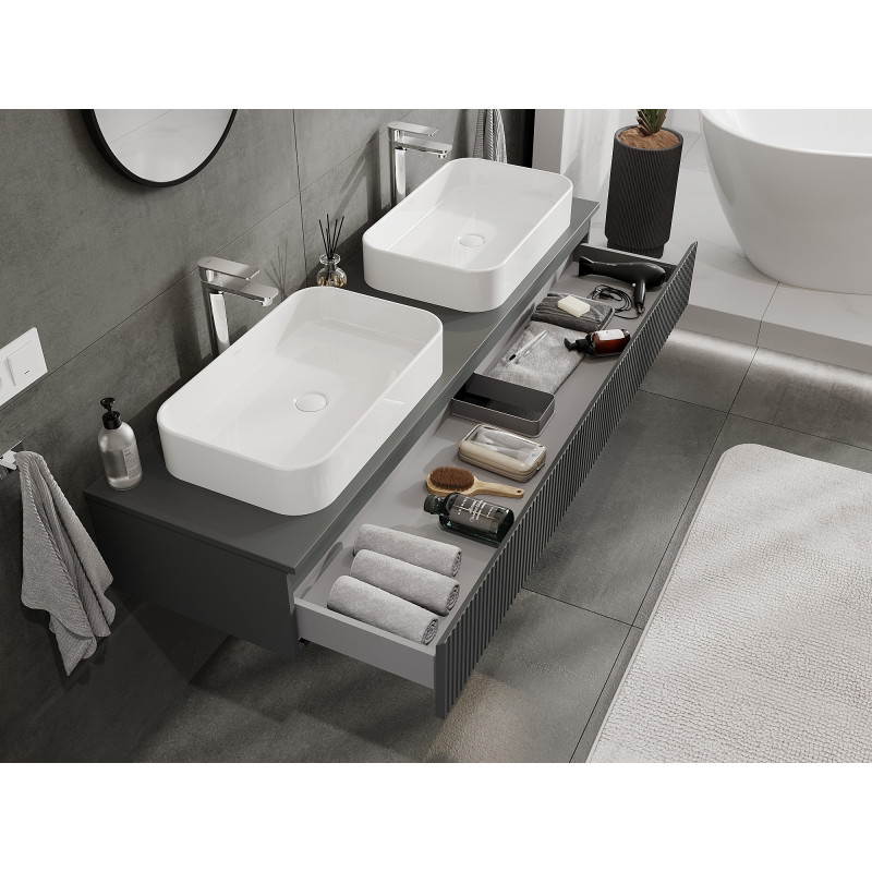 Mexen Rivel meuble de salle de bain sous-vasque 160 cm avec plateau, 1 tiroir, rainuré, graphite mat - 91A20-16023-1-BFC66