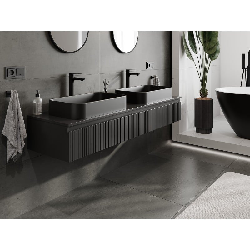 Mexen Rivel meuble de salle de bains sous vasque 160 cm avec plateau, 1 tiroir, rainuré, noir mat - 91A20-16023-1-BFC71