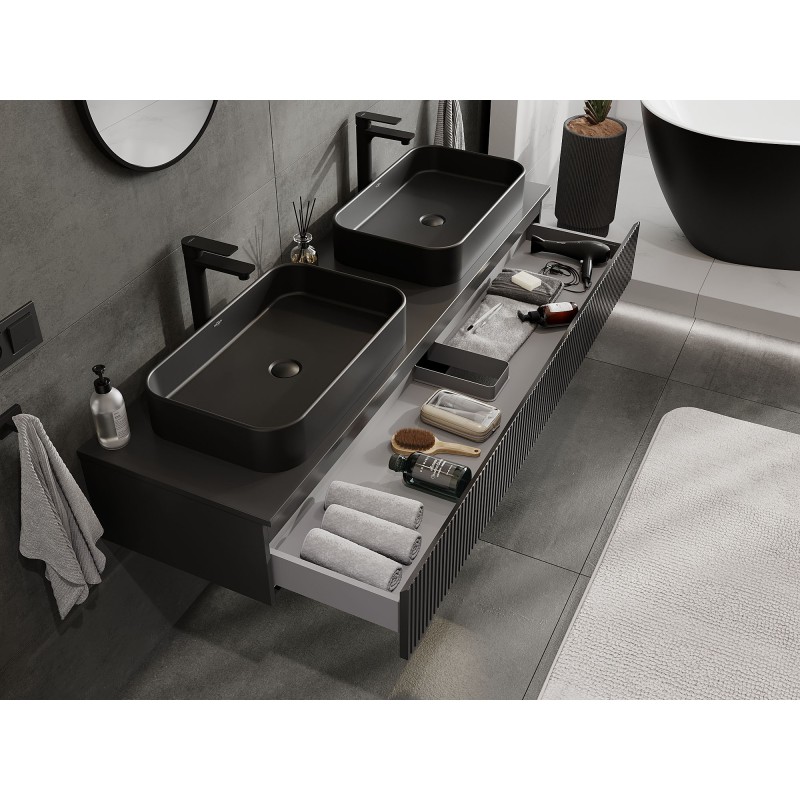 Mexen Rivel meuble de salle de bains sous vasque 160 cm avec plateau, 1 tiroir, rainuré, noir mat - 91A20-16023-1-BFC71