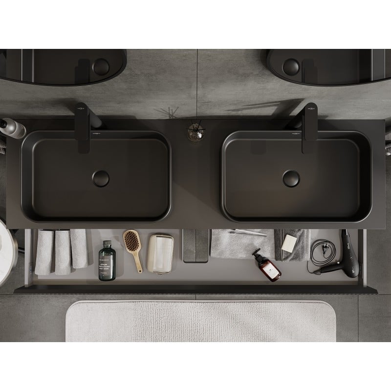 Mexen Rivel meuble de salle de bains sous vasque 160 cm avec plateau, 1 tiroir, rainuré, noir mat - 91A20-16023-1-BFC71