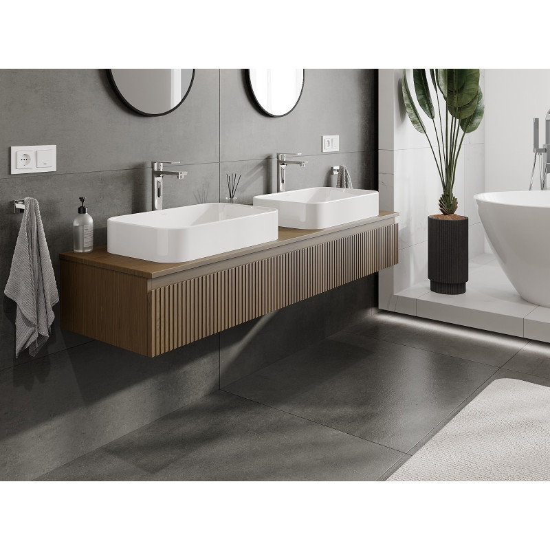 Mexen Rivel armoire de salle de bain sous lavabo 160 cm avec plateau, 1 tiroir, rainuré, noyer - 91A20-16023-1-BFC86