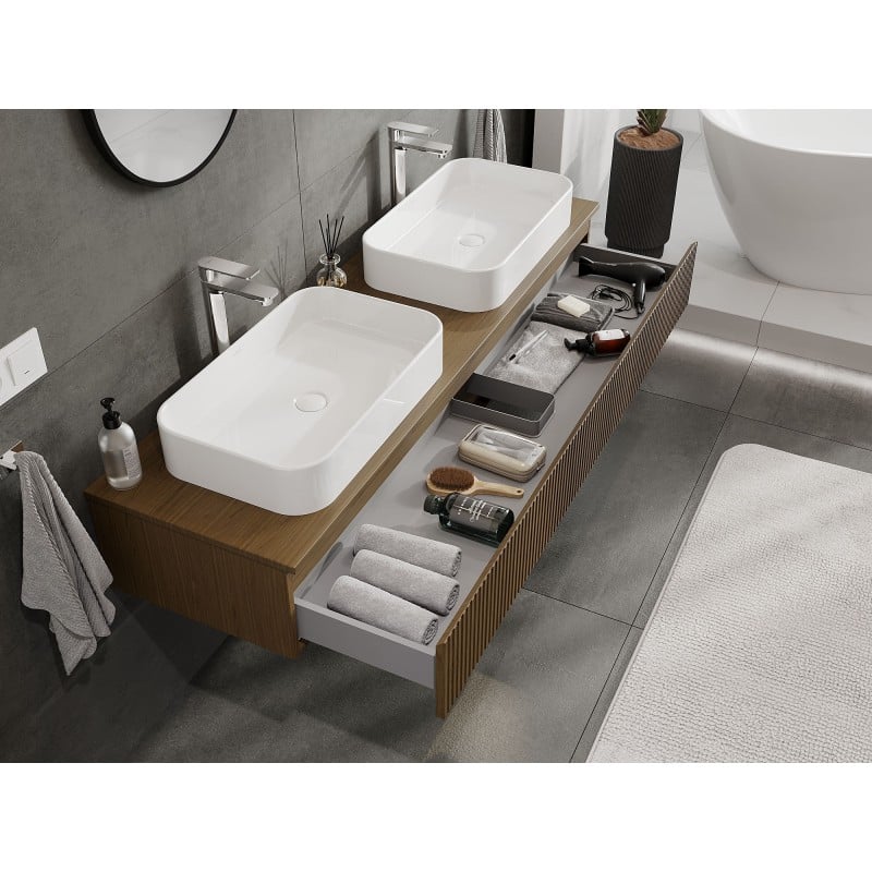 Mexen Rivel meuble de salle de bains sous vasque 160 cm avec plateau, 1 tiroir, rainuré, noyer - 91A20-16023-1-BFC86
