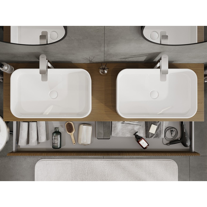 Mexen Rivel armoire de salle de bain sous lavabo 160 cm avec plateau, 1 tiroir, rainuré, noyer - 91A20-16023-1-BFC86