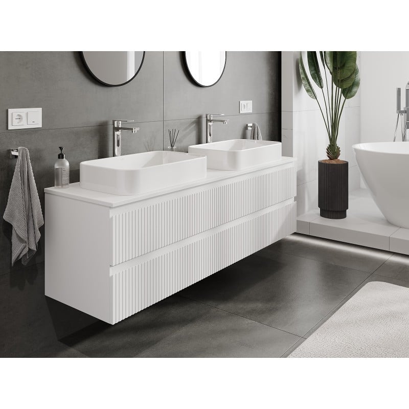 Mexen Rivel armoire de salle de bain sous lavabo 160 cm avec plateau, 2 tiroirs, rainurée, blanc mat - 91A20-16047-2-BFFC01
