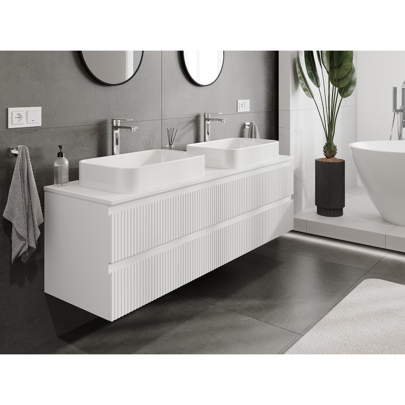 Mexen Rivel meuble sous-lavabo 160 cm avec plateau, 2 tiroirs, rainuré, blanc mat - 91A20-16047-2-BFFC01