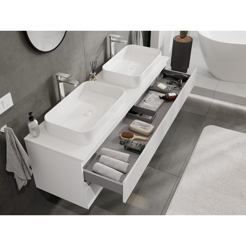 Mexen Rivel armoire de salle de bain sous lavabo 160 cm avec plateau, 2 tiroirs, rainurée, blanc mat - 91A20-16047-2-BFFC01