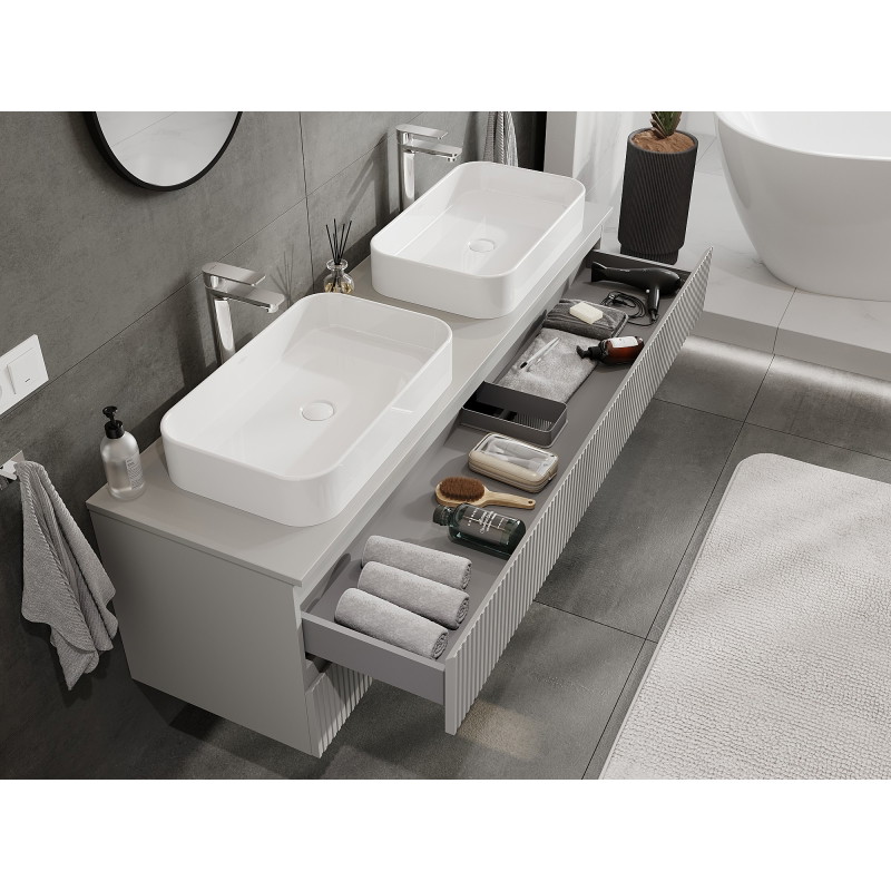 Mexen Rivel armoire de salle de bain sous lavabo 160 cm avec plateau, 2 tiroirs, rainurée, gris mat - 91A20-16047-2-BFFC62