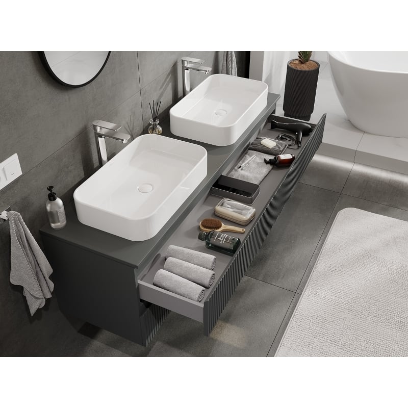 Mexen Rivel meuble de salle de bain sous-lavabo 160 cm avec plateau, 2 tiroirs, rainuré, graphite mat - 91A20-16047-2-BFFC66
