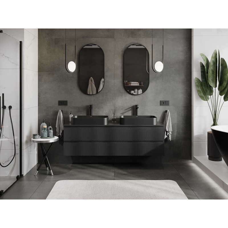 Mexen Rivel meuble de salle de bain sous lavabo 160 cm avec plateau, 2 tiroirs, cannelé, noir mat - 91A20-16047-2-BFFC71