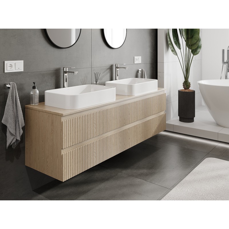 Mexen Rivel meuble de salle de bains 160 cm avec plateau, 2 tiroirs, rainuré, chêne - 91A20-16047-2-BFFC81