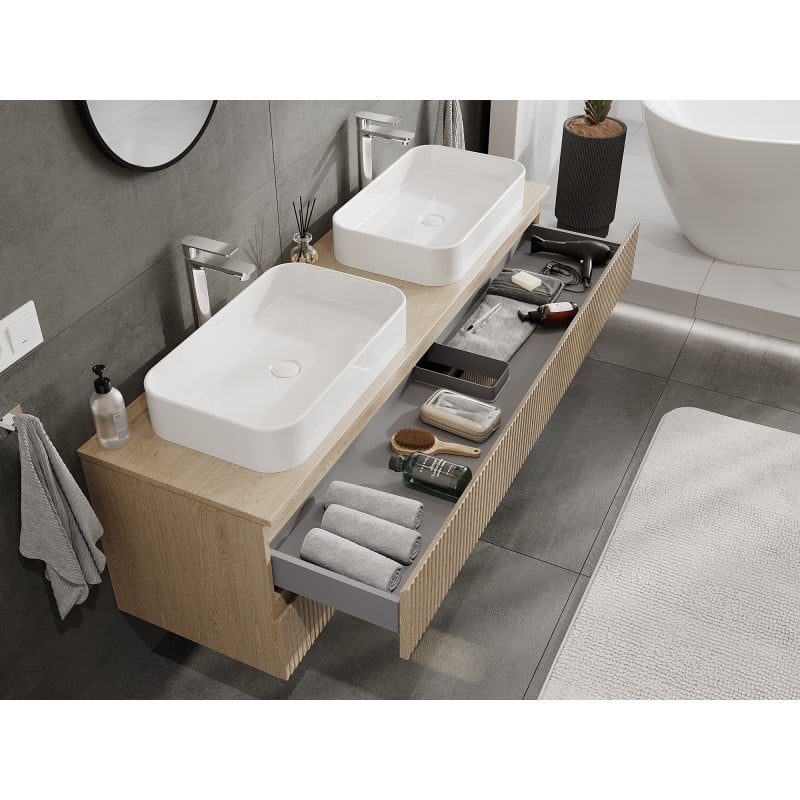 Mexen Rivel meuble de salle de bains 160 cm avec plateau, 2 tiroirs, rainuré, chêne - 91A20-16047-2-BFFC81