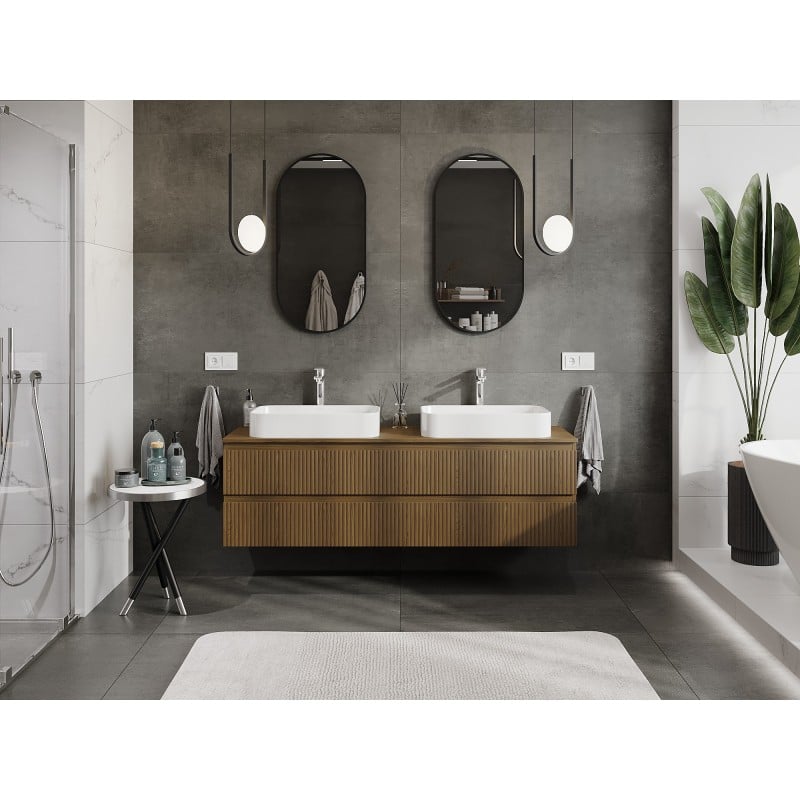 Mexen Rivel meuble de salle de bain sous lavabo 160 cm avec plateau, 2 tiroirs, rainuré, noyer - 91A20-16047-2-BFFC86