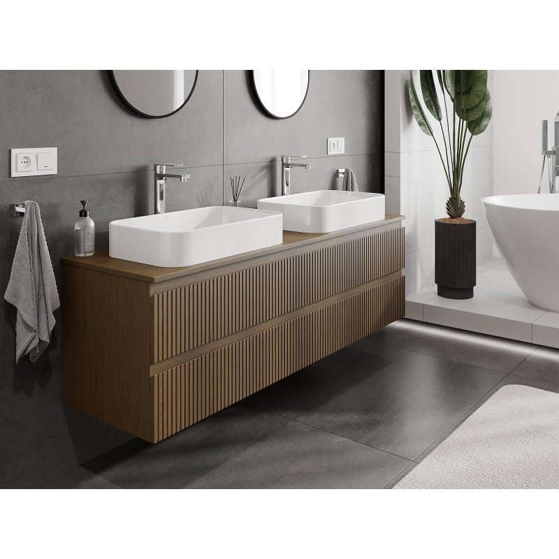 Mexen Rivel meuble de salle de bain sous lavabo 160 cm avec plateau, 2 tiroirs, rainuré, noyer - 91A20-16047-2-BFFC86