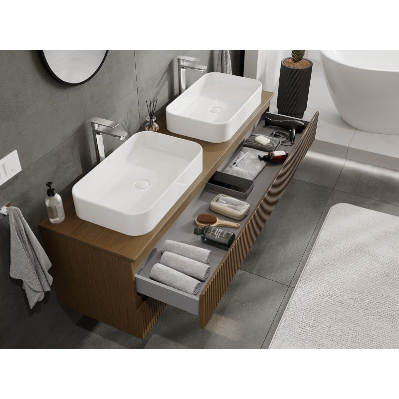 Mexen Rivel meuble de salle de bain sous lavabo 160 cm avec plateau, 2 tiroirs, rainuré, noyer - 91A20-16047-2-BFFC86