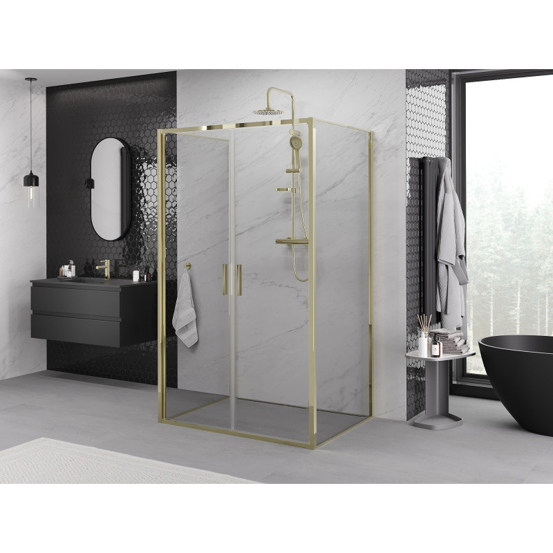 Mexen Exo-B Duo 3S cabine de douche 3 parois à charnières 90 x 100 cm, transparent, dorée - 814-090-100-50-00-3S