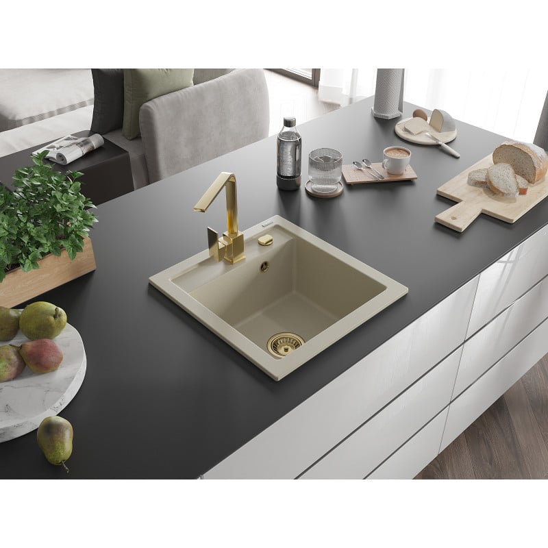 Mexen Vito évier de cuisine en granit 1 bac avec mitigeur Rita, beige - 6503-69-670300-50