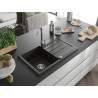 Mexen Bruno évier en granit à 1 bac avec égouttoir 795 x 495 mm, noir/doré métallisé, siphon chrome - 6513791010-75