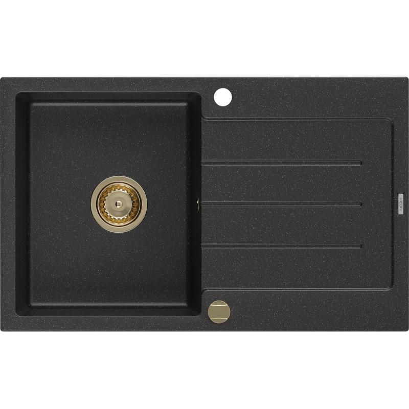 Mexen Bruno évier en granit 1 bac avec égouttoir 795 x 495 mm, noir/argent métallisé, siphon doré - 6513791010-73-G