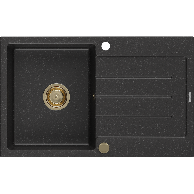 Mexen Bruno évier en granit 1 bac avec égouttoir 795 x 495 mm, noir/métallique argenté, siphon doré - 6513791010-73-G