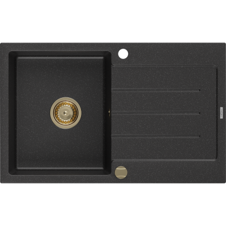 Mexen Bruno évier en granit 1 bac avec égouttoir 795 x 495 mm, noir/métallique argenté, siphon doré - 6513791010-73-G