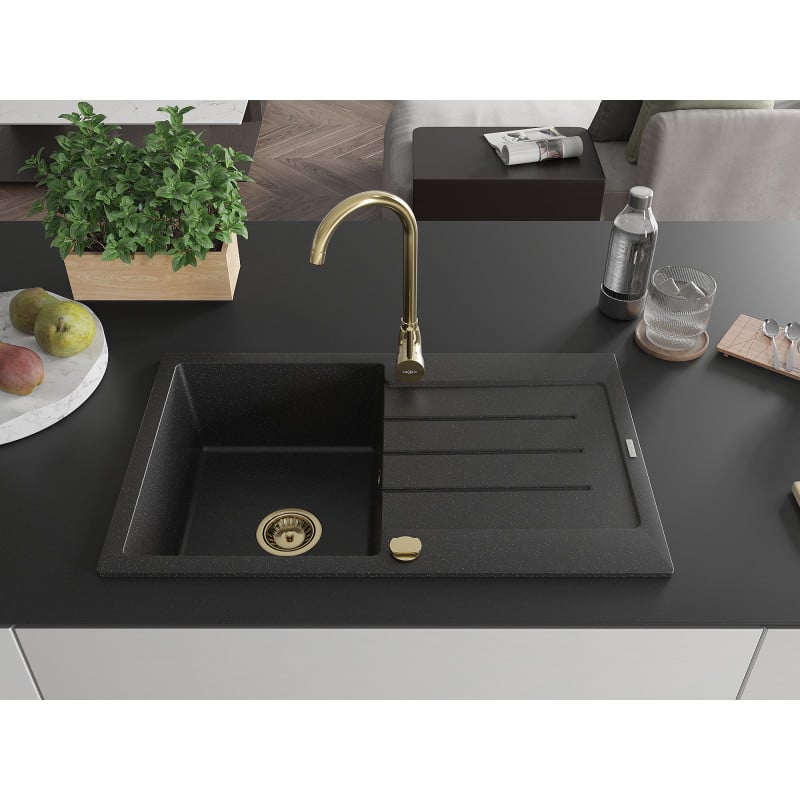 Mexen Bruno évier en granit 1 bac avec égouttoir 795 x 495 mm, noir/métallique argenté, siphon doré - 6513791010-73-G