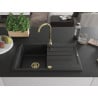 Mexen Bruno évier en granit 1 bac avec égouttoir 795 x 495 mm, noir/métallique argenté, siphon doré - 6513791010-73-G