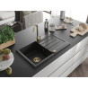 Mexen Bruno évier en granit à 1 bac avec égouttoir 795 x 495 mm, noir/argent métallique, siphon doré - 6513791010-73-G