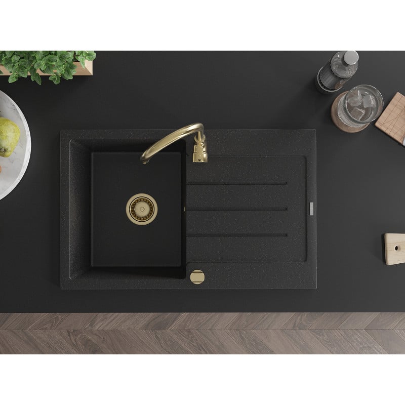 Mexen Bruno évier en granit 1 bac avec égouttoir 795 x 495 mm, noir/métallique argenté, siphon doré - 6513791010-73-G