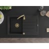Mexen Bruno évier en granit 1 bac avec égouttoir 795 x 495 mm, noir/métallique argenté, siphon doré - 6513791010-73-G