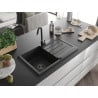 Mexen Bruno évier en granite à 1 bac avec égouttoir 795 x 495 mm, noir/métallisé argent, siphon noir - 6513791010-73-B