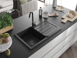 Mexen Bruno évier en granit à 1 cuve avec égouttoir 795 x 495 mm, Noir/ Argent métallique, siphon Noir - 6513791010-73-B