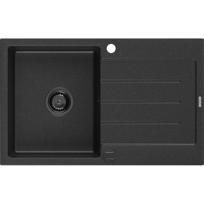Mexen Bruno évier en granit 1 bac avec égouttoir 795 x 495 mm, noir/métallique argenté, siphon noir - 6513791010-73-B