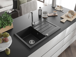 Mexen Bruno évier en granit à 1 cuve avec égouttoir 795 x 495 mm, Noir/Argent métallique- 6513791010-73