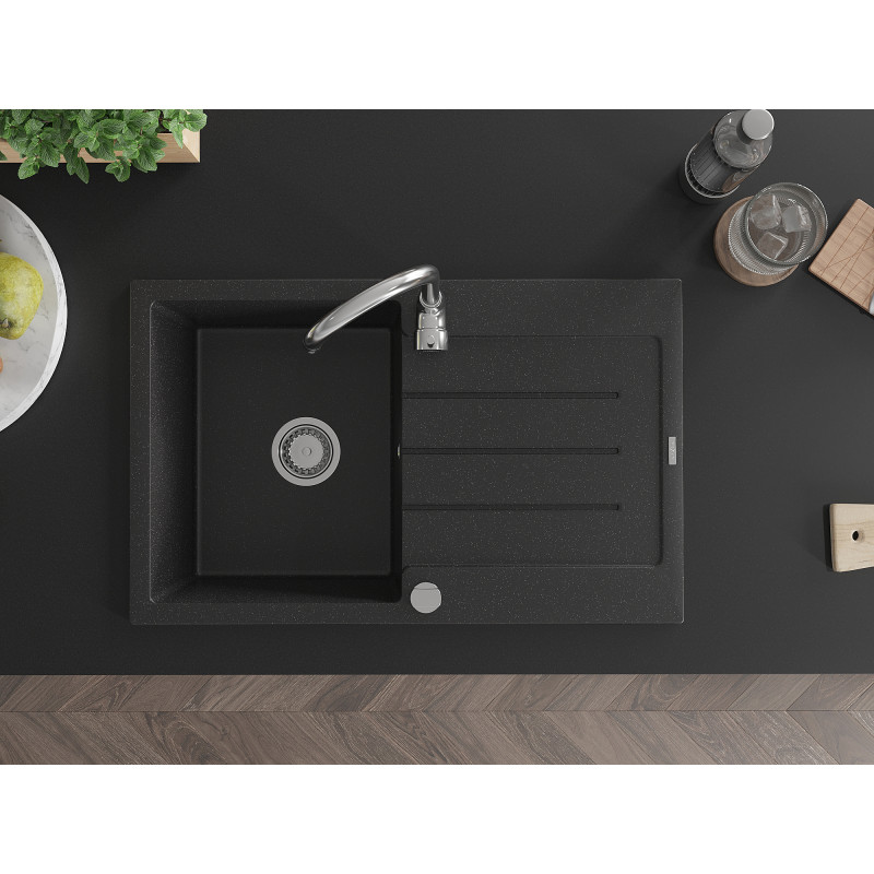 Mexen Bruno évier en granit 1 bac avec égouttoir 795 x 495 mm, noir/argent métallique, siphon chromé - 6513791010-73