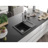 Mexen Enzo évier de cuisine en granit à 1 bac avec égouttoir 576 x 465 mm, noir/argent métallisé, siphon chromé - 6506571005-73