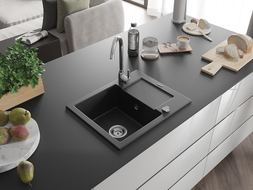 Mexen Enzo évier en granit à 1 cuve avec un égouttoir court 576 x 465 mm, Noir/Argent métallique - 6506571005-73