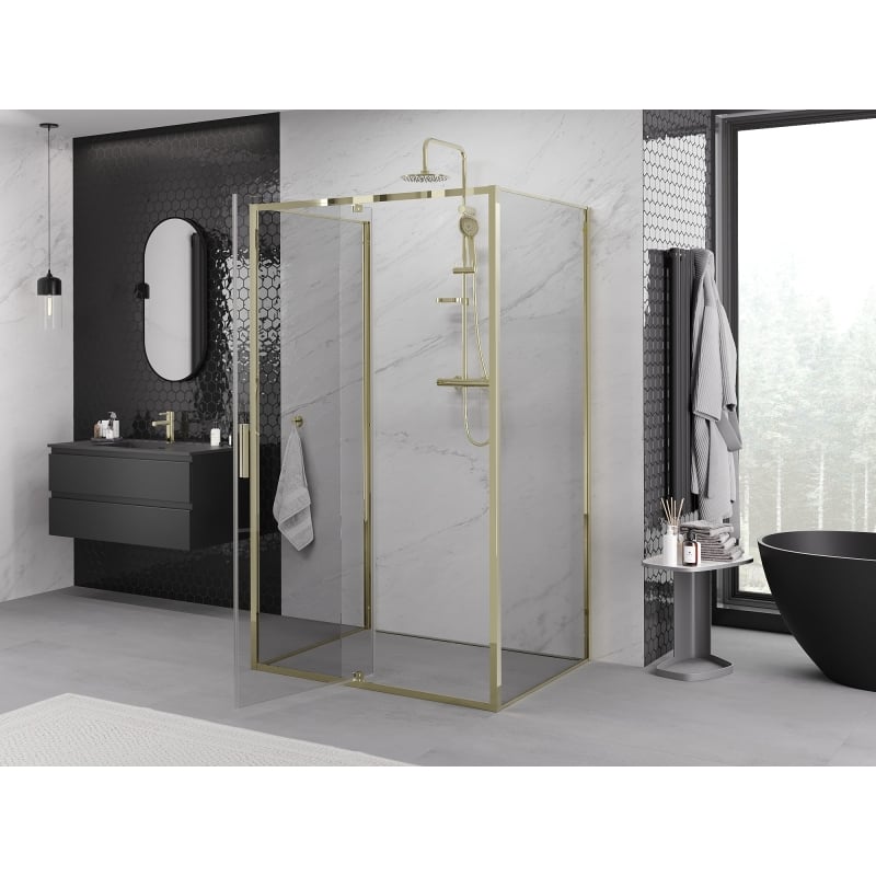 Mexen Exo-R 3S cabine de douche 3-parois pivotante 140 x 85 cm, transparente, dorée - 819-140-085-50-00-3S