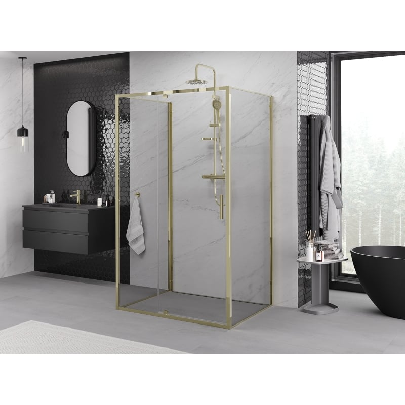 Mexen Exo-R 3S cabine de douche 3-parois pivotante 140 x 85 cm, transparente, dorée - 819-140-085-50-00-3S