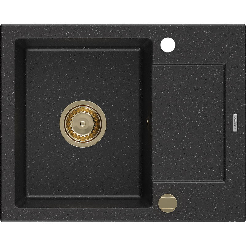 Mexen Enzo évier en granit 1 bac avec égouttoir 576 x 465 mm, noir/argent métallisé, siphon doré - 6506571005-73-G