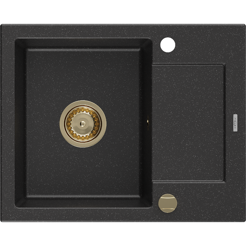Mexen Enzo évier en granit à 1 bac avec égouttoir 576 x 465 mm, noir/métallique argent, siphon doré - 6506571005-73-G