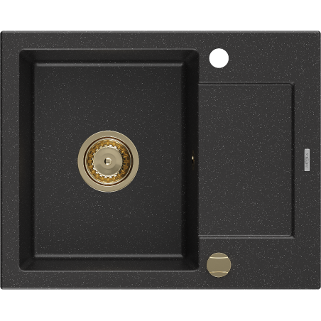 Mexen Enzo évier en granit à 1 cuve avec égouttoir 576 x 465 mm, Noir/ Argent métallique, siphon Or - 6506571005-73-G