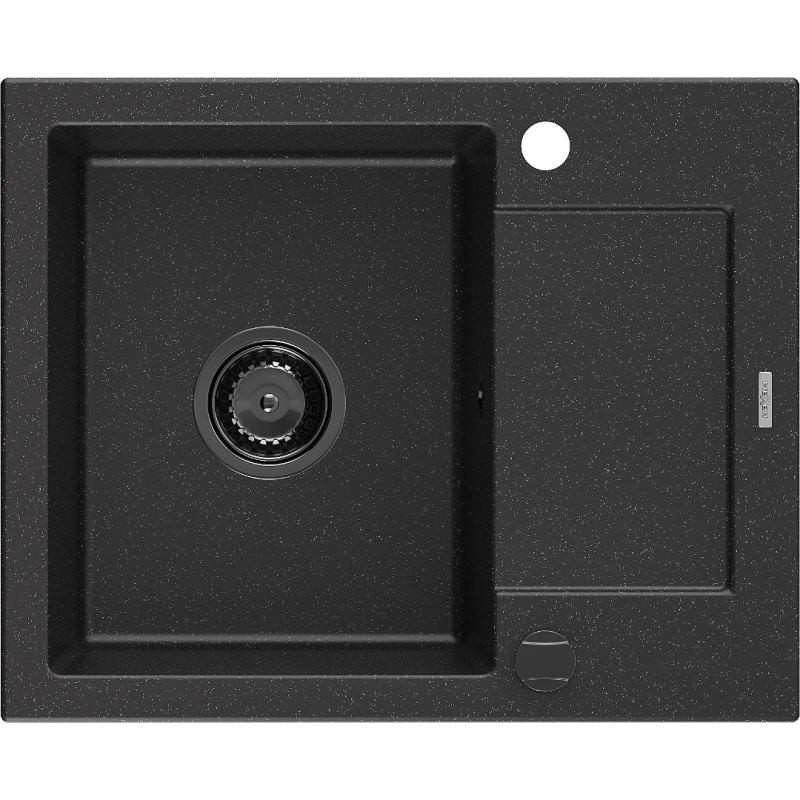 Mexen Enzo évier en granit 1 bac avec égouttoir 576 x 465 mm, noir/argent métallisé, siphon noir - 6506571005-73-B
