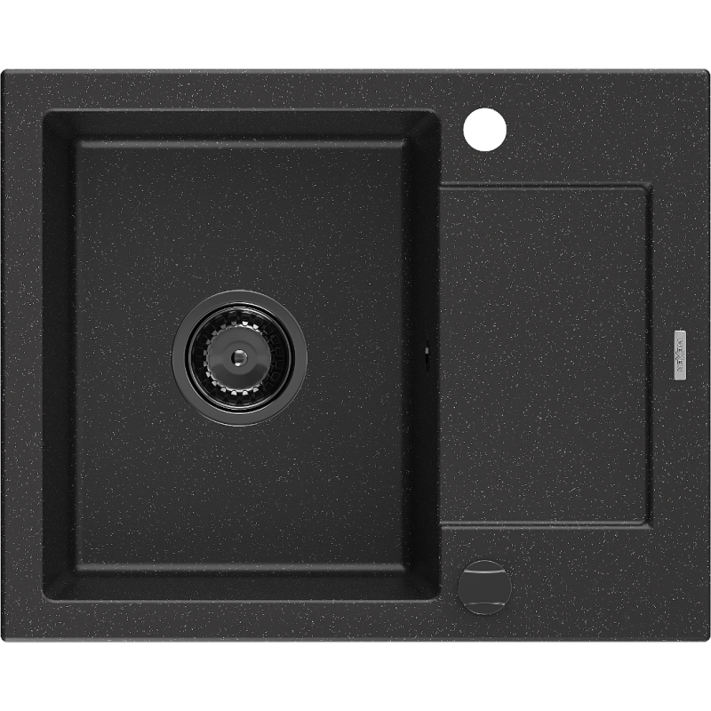 Mexen Enzo évier en granit à 1 cuve avec égouttoir 576 x 465 mm, Noir/ Argent métallique, siphon Noir - 6506571005-73-B
