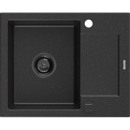 Mexen Enzo évier en granit 1 bac avec égouttoir 576 x 465 mm, noir/argent métallisé, siphon noir - 6506571005-73-B